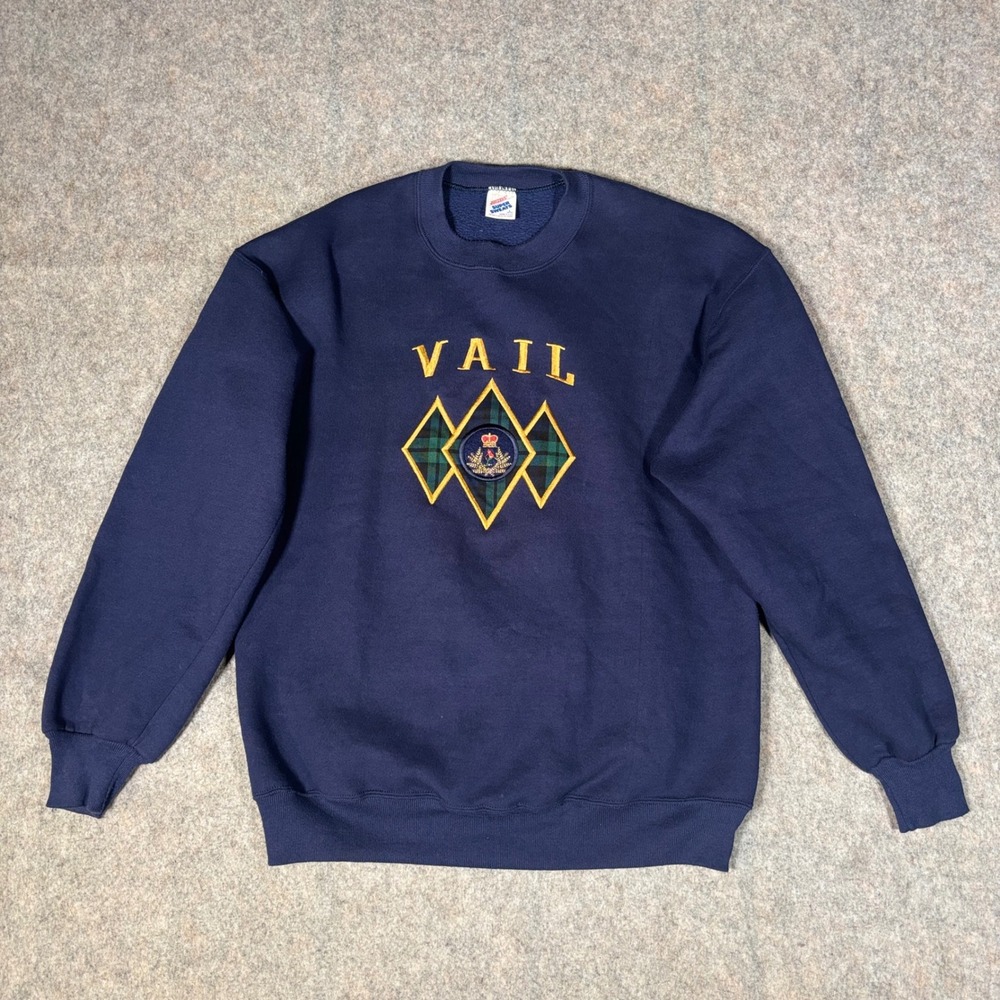 Jerzees Sweatshirt Mens Large Navy Vail Colorado Embroidered Vintage 90s USA Ski